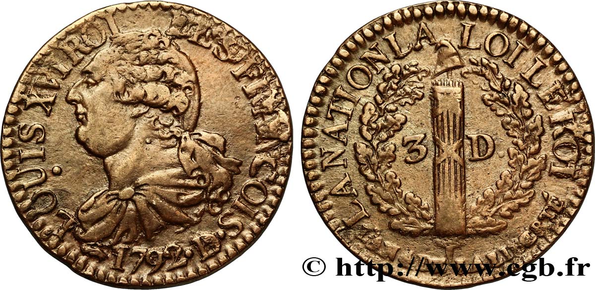 LOUIS XVI (MONARQUE CONSTITUTIONNEL) 3 deniers dit au faisceau , type FRANCOIS 1792 Lyon TTB