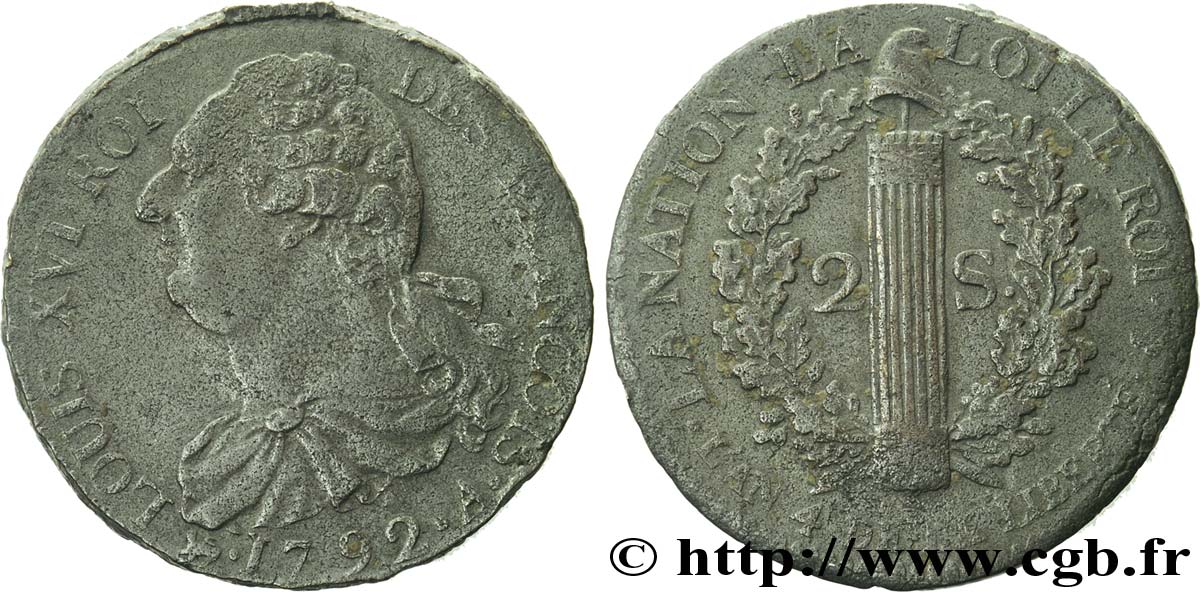 LOUIS XVI (MONARQUE CONSTITUTIONNEL) 2 sols dit au faisceau , type FRANÇOIS 1792 Paris TB+