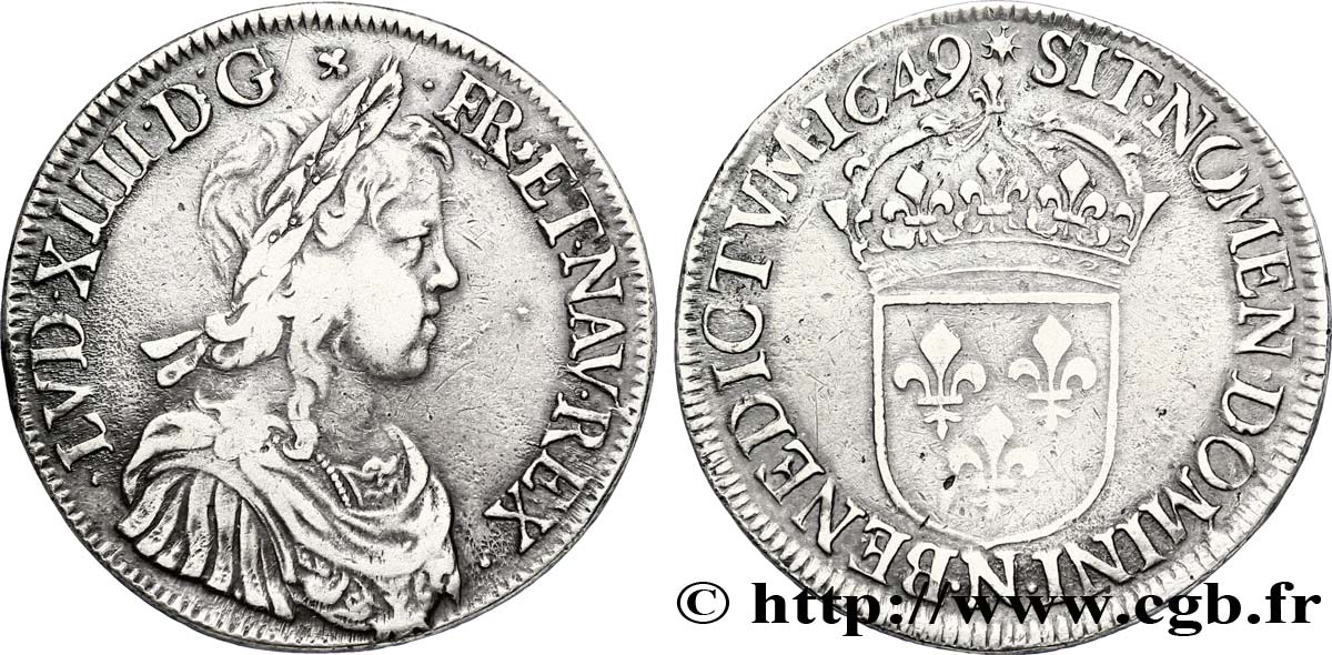 LOUIS XIV LE GRAND OU LE ROI SOLEIL Écu, portrait à la mèche longue 1649 Montpellier TTB