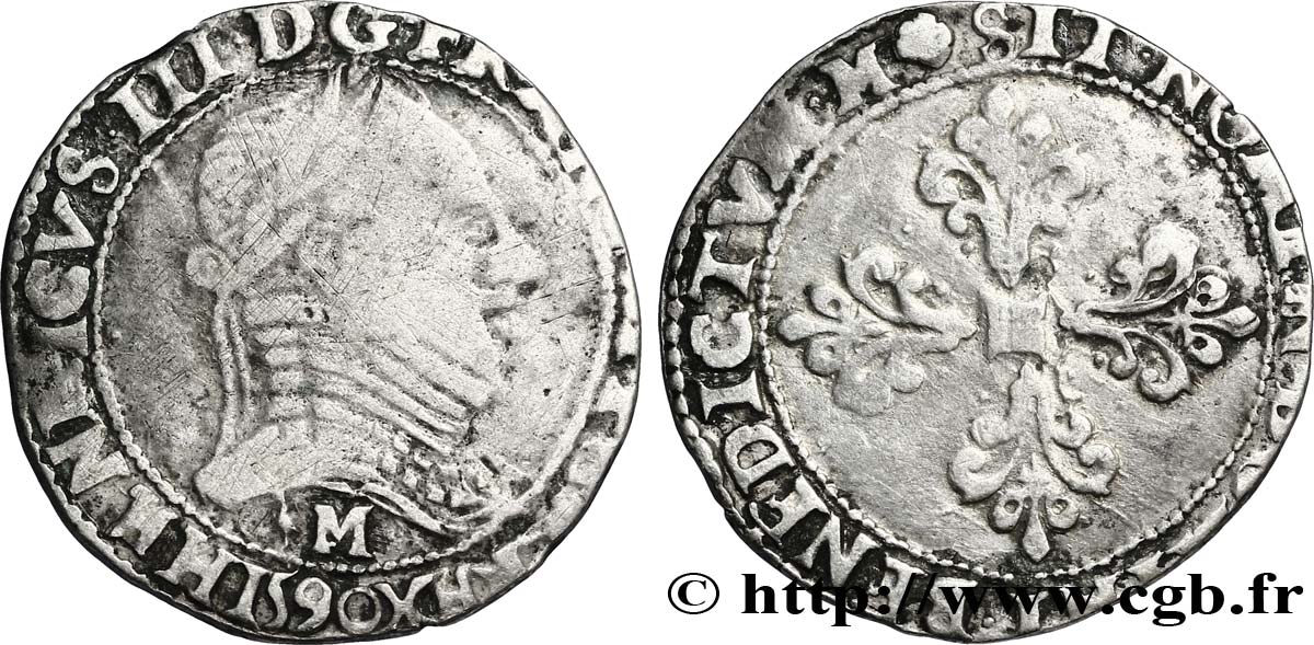 LA LIGUE. MONNAYAGE AU NOM D HENRI III Demi-franc au col plat 1590 Toulouse TB+