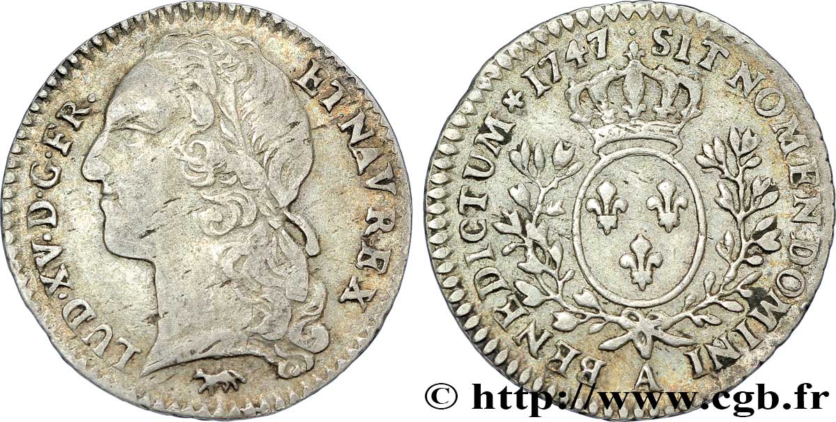 LOUIS XV DIT LE BIEN AIMÉ Dixième d écu aux branches d’olivier, tête ceinte d’un bandeau 1747 Paris TTB