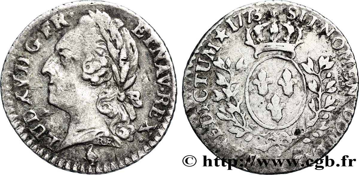 LOUIS XV DIT LE BIEN AIMÉ Vingtième d écu aux branches d’olivier, buste lauré 1773 Paris TB+