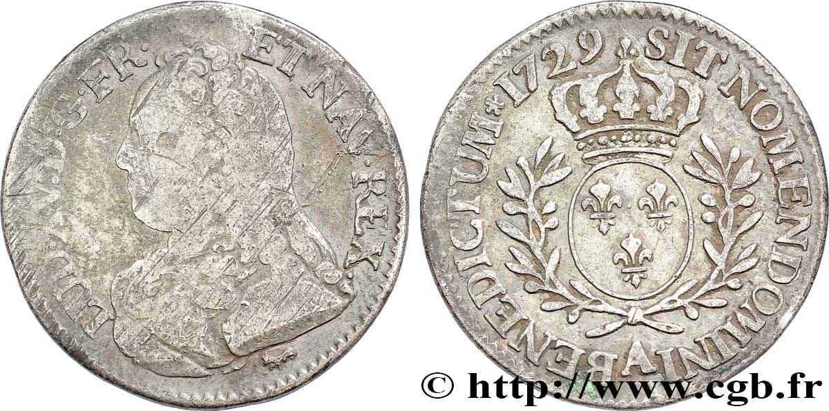 LOUIS XV DIT LE BIEN AIMÉ Cinquième d écu aux branches d olivier, buste habillé 1729 Paris B+/TB+