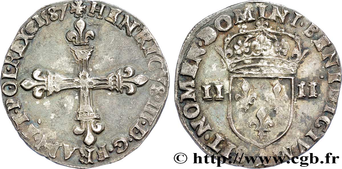HENRI III Quart d écu, croix de face 1587 Paris TTB