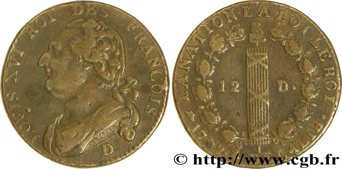 LOUIS XVI (MONARQUE CONSTITUTIONNEL) 12 deniers dit au faisceau , type FRANCOIS 1792 Lyon TTB/TTB+