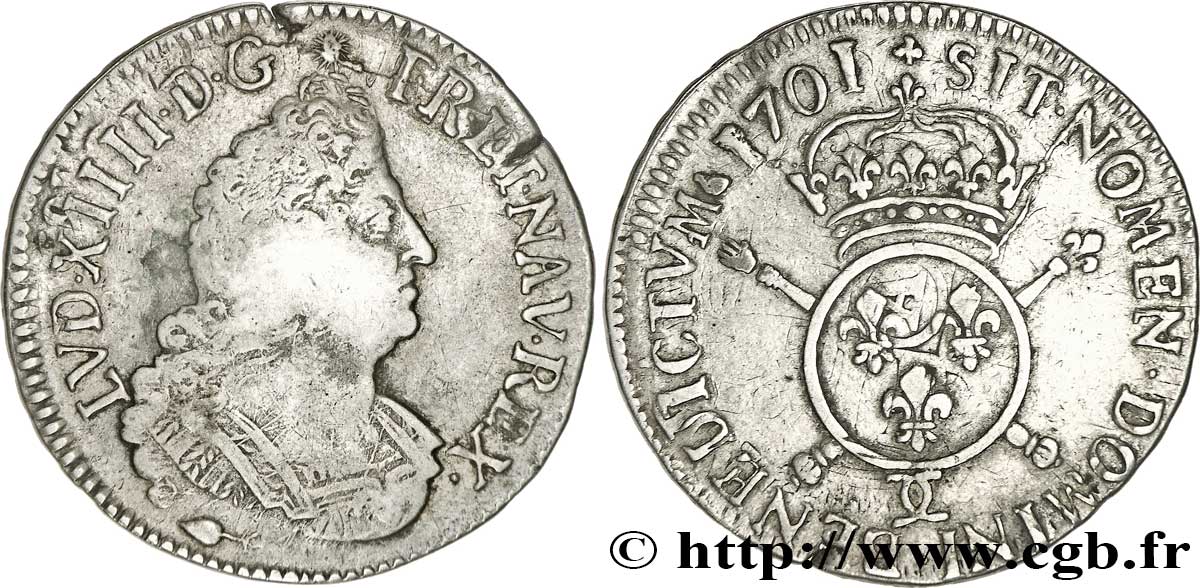 LOUIS XIV  THE SUN KING  Demi-écu aux insignes 1701 Besançon VF/XF