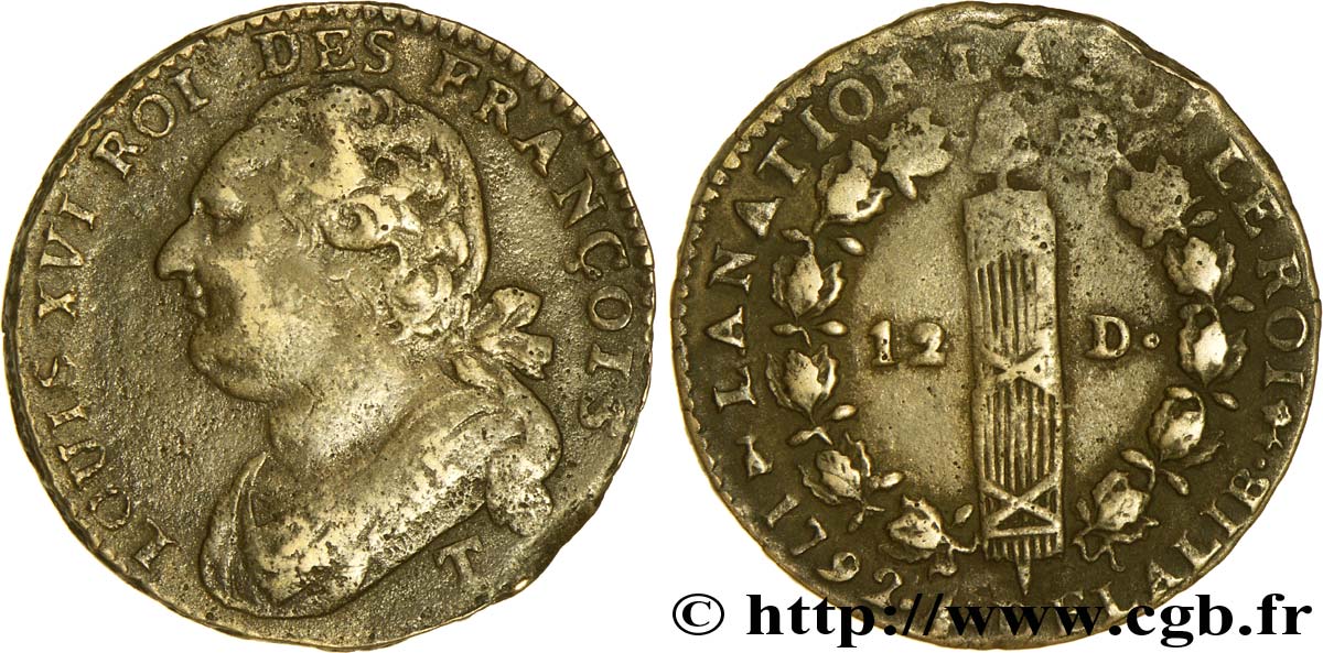 LOUIS XVI (MONARQUE CONSTITUTIONNEL) 12 deniers dit au faisceau , type FRANÇOIS 1792 Saumur TB+