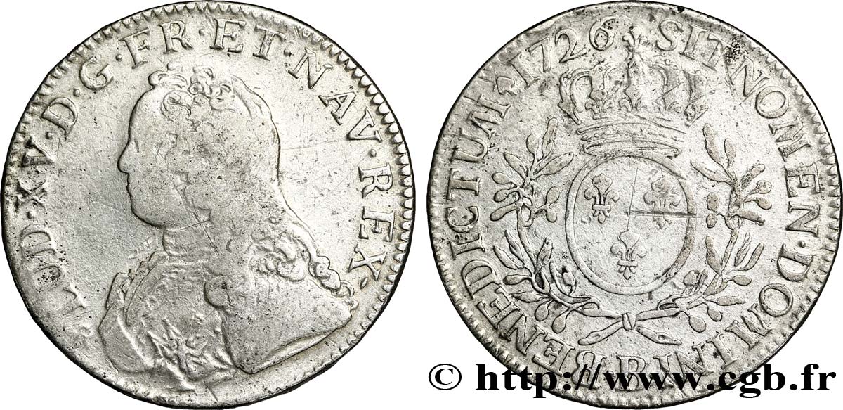 LOUIS XV DIT LE BIEN AIMÉ Écu aux branches d olivier, buste habillé 1726 Rouen TB+