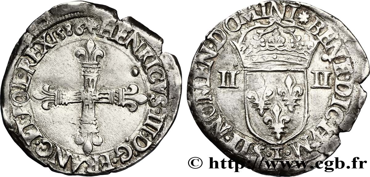 HENRI III Quart d écu, croix de face 1586 Nantes TTB+/TTB