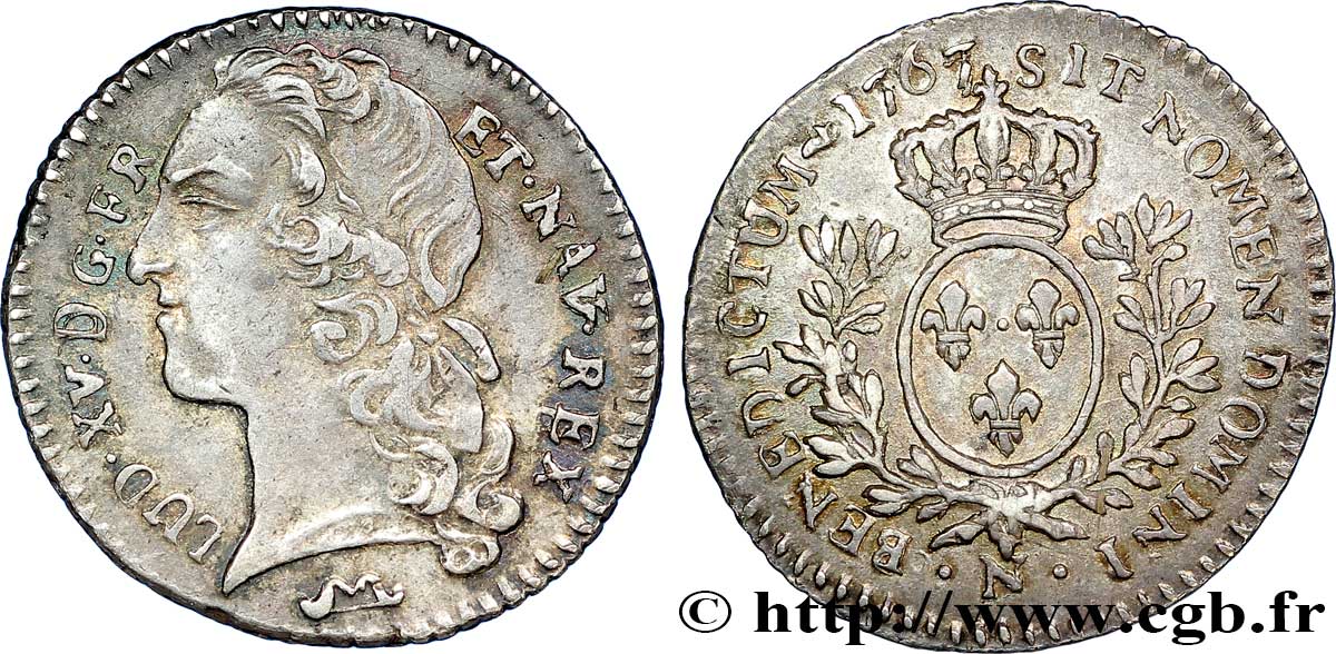 LOUIS XV DIT LE BIEN AIMÉ Dixième d écu aux branches d’olivier, tête ceinte d’un bandeau 1767 Montpellier TTB+