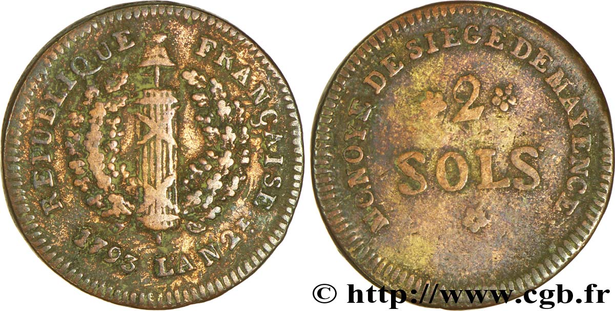 SIEGE OF MAINZ 2 sols 1793 Mayence VF