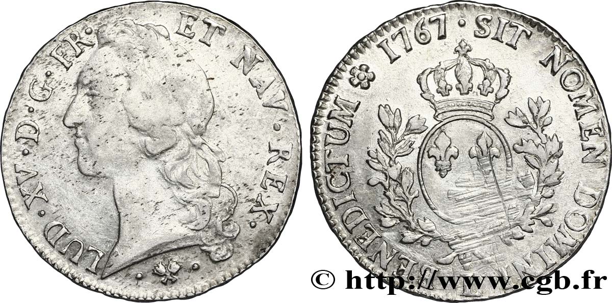 LOUIS XV DIT LE BIEN AIMÉ Écu aux branches d’olivier, tête ceinte d’un bandeau 1767 Bayonne TB+/TTB