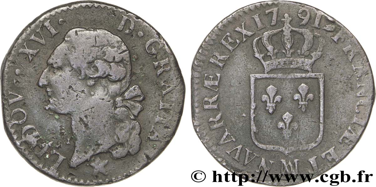 LOUIS XVI (MONARQUE CONSTITUTIONNEL) Sol dit à l écu 1791 Marseille TB