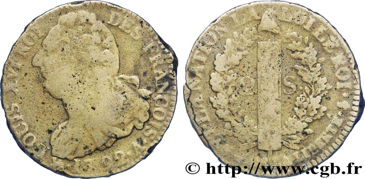 LOUIS XVI (MONARQUE CONSTITUTIONNEL) 2 sols dit au faisceau , type FRANÇOIS 1792 Paris B+