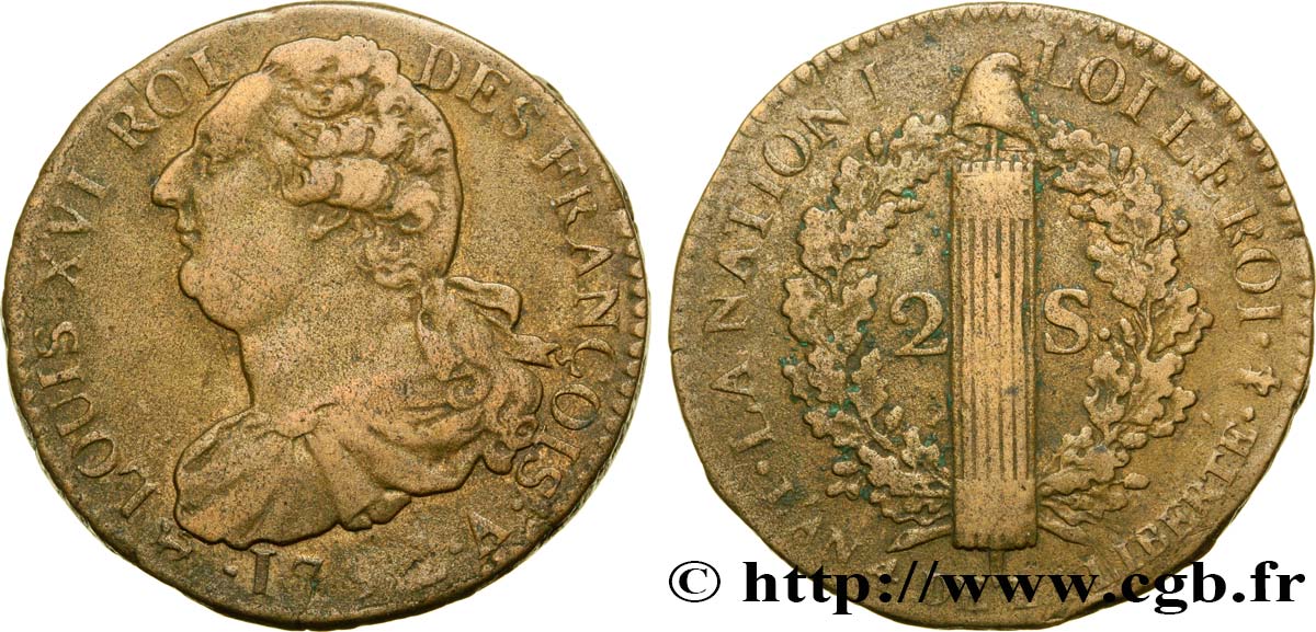 LOUIS XVI (MONARQUE CONSTITUTIONNEL) 2 sols dit au faisceau , type FRANÇOIS 1792 Paris TTB+
