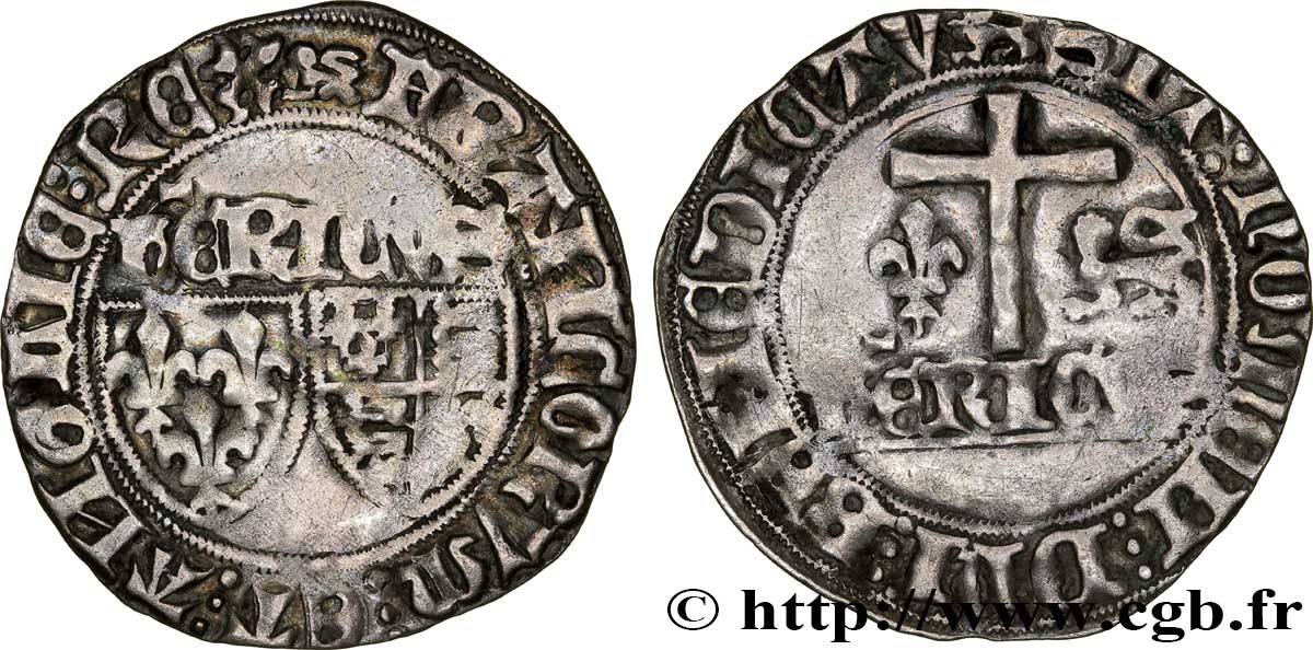HENRY VI DE LANCASTRE - ROI DE FRANCE (1422-1453) - ROI D ANGLETERRE (1422-1461) et (1470-1471) Blanc aux écus n.d. Rouen TB+