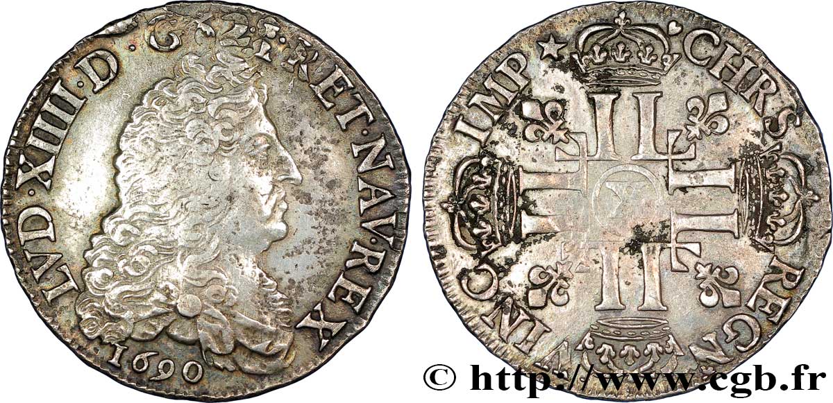 LOUIS XIV LE GRAND OU LE ROI SOLEIL Demi-écu aux huit L, 1er type 1690 Amiens TTB
