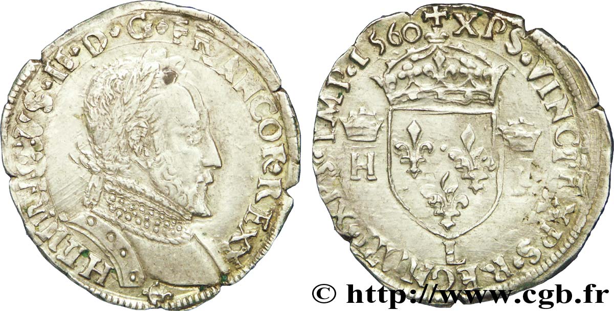 FRANÇOIS II. MONNAYAGE AU NOM D HENRI II Demi-teston au buste lauré, 2e type 1560 Bayonne TTB