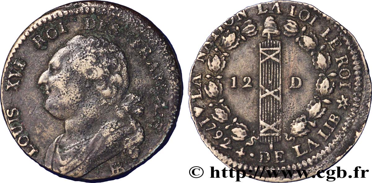 LOUIS XVI (MONARQUE CONSTITUTIONNEL) 12 deniers dit au faisceau , type FRANÇAIS 1792 Strasbourg TB+/TTB+