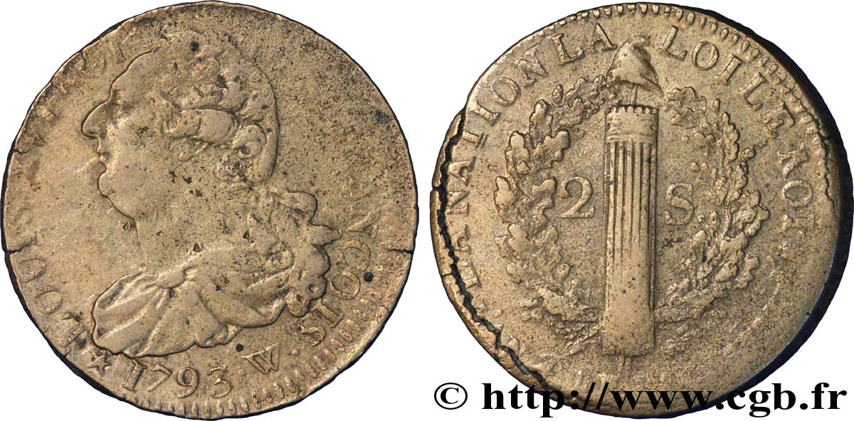 LOUIS XVI (MONARQUE CONSTITUTIONNEL) 2 sols dit au faisceau , type FRANÇOIS 1793 Lille TTB