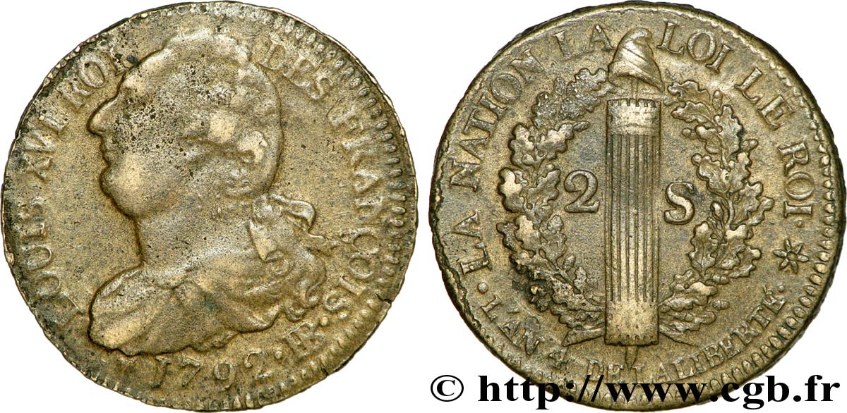 LOUIS XVI (MONARQUE CONSTITUTIONNEL) 2 sols dit au faisceau , type FRANÇOIS 1792 Besançon TB+/TTB