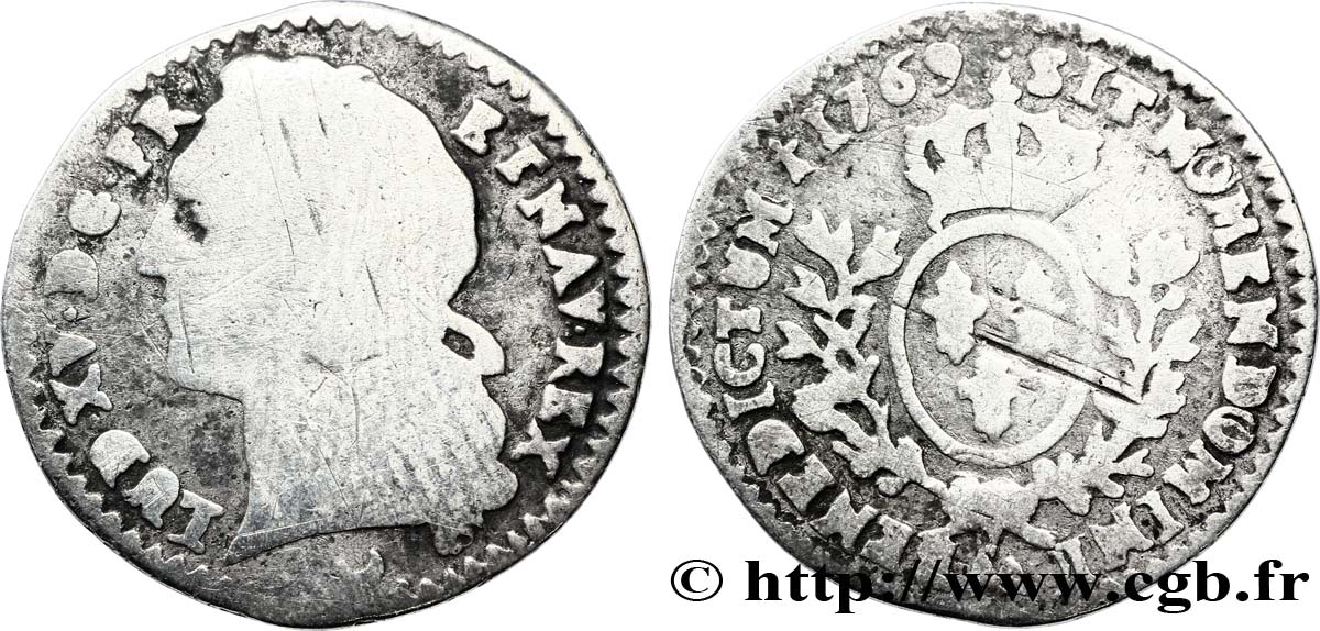 LOUIS XV DIT LE BIEN AIMÉ Vingtième d écu aux branches d’olivier, tête ceinte d’un bandeau 1769 Metz B