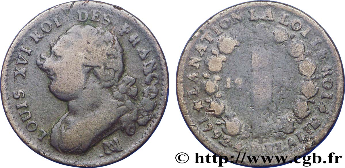 LOUIS XVI (MONARQUE CONSTITUTIONNEL) 12 deniers dit au faisceau , type FRANCOIS 1792 Marseille B+
