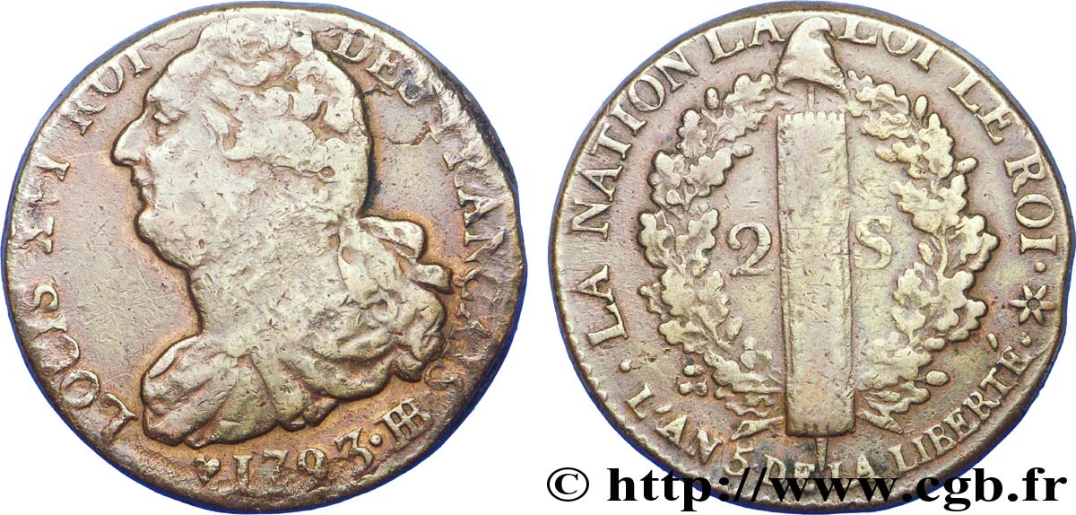 LOUIS XVI (MONARQUE CONSTITUTIONNEL) 2 sols dit au faisceau , type FRANÇAIS 1793 Strasbourg TB