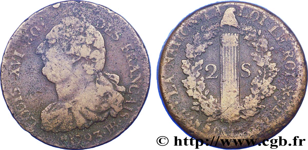 LOUIS XVI (MONARQUE CONSTITUTIONNEL) 2 sols dit au faisceau , type FRANÇAIS 1793 Strasbourg B