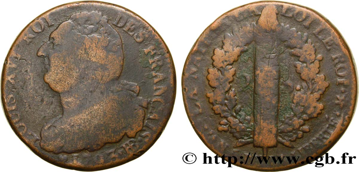 LOUIS XVI (MONARQUE CONSTITUTIONNEL) 2 sols dit au faisceau , type FRANÇAIS 1793 Strasbourg TB