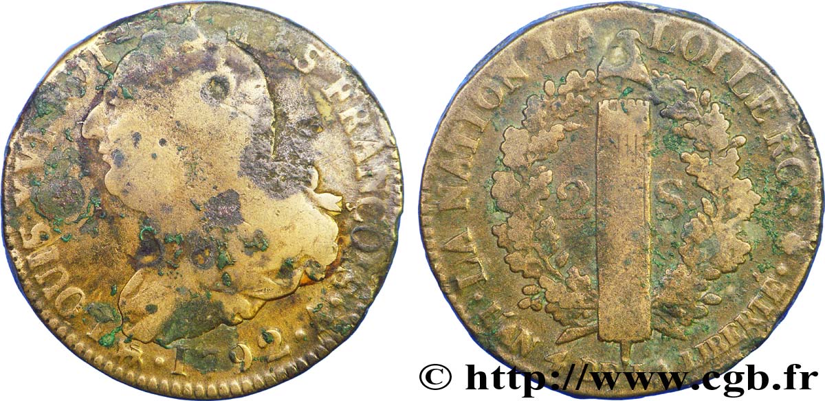 LOUIS XVI (MONARQUE CONSTITUTIONNEL) 2 sols dit au faisceau , type FRANÇOIS 1792 Paris AB