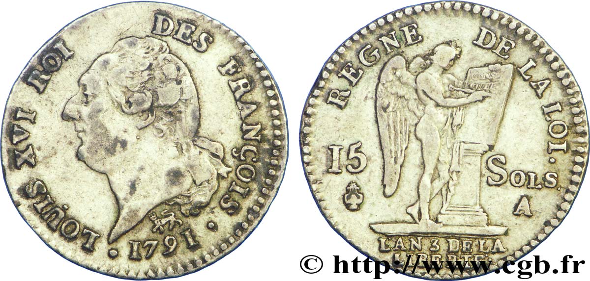 LOUIS XVI (MONARQUE CONSTITUTIONNEL) 15 sols dit au génie , type FRANÇOIS 1791 Paris TB+