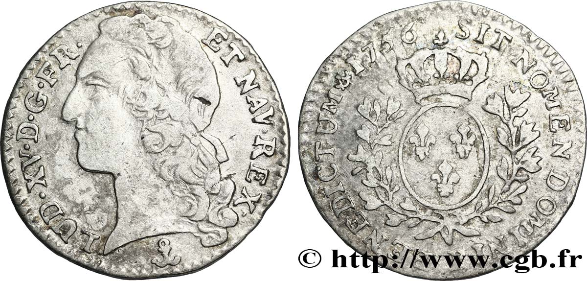 LOUIS XV DIT LE BIEN AIMÉ Dixième d écu aux branches d’olivier, tête ceinte d’un bandeau 1756 Dijon TTB