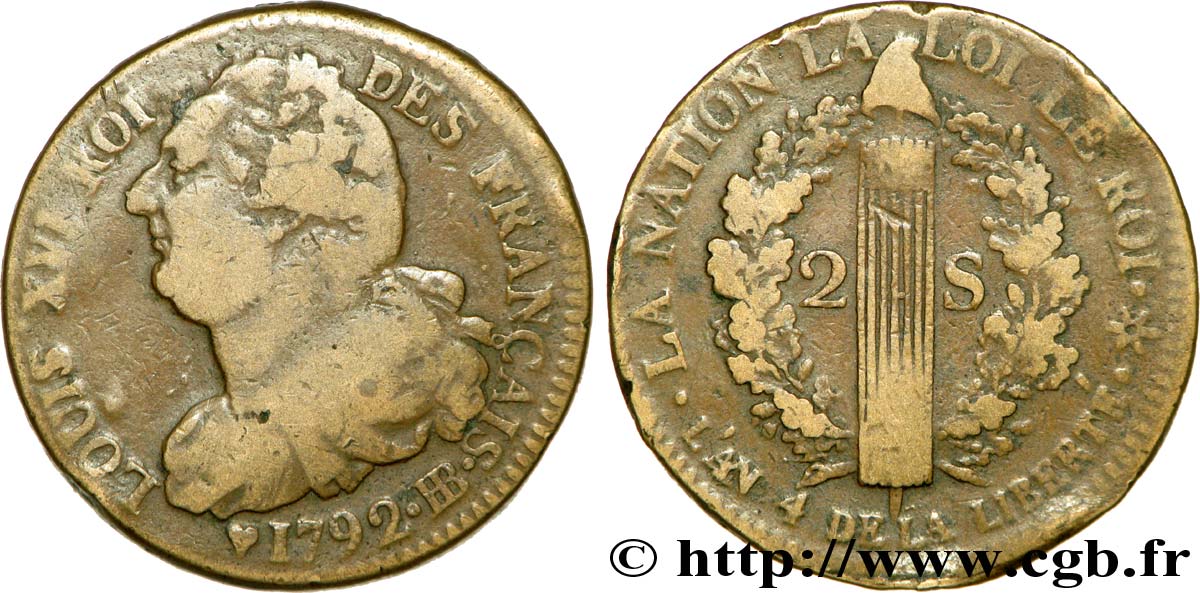 LOUIS XVI (MONARQUE CONSTITUTIONNEL) 2 sols dit au faisceau , type FRANÇAIS 1792 Strasbourg TB