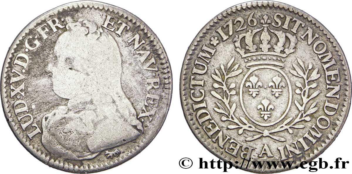 LOUIS XV DIT LE BIEN AIMÉ Cinquième d écu aux branches d olivier, buste habillé 1726 Paris TB+/TTB