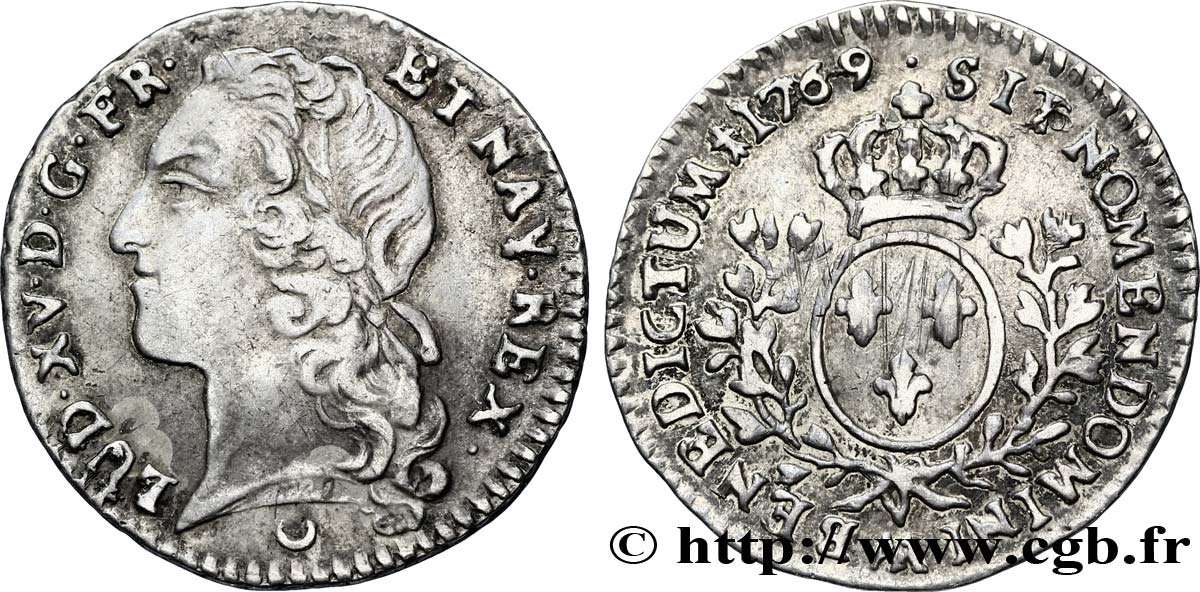 LOUIS XV DIT LE BIEN AIMÉ Dixième d écu aux branches d’olivier, tête ceinte d’un bandeau 1769 Metz TTB