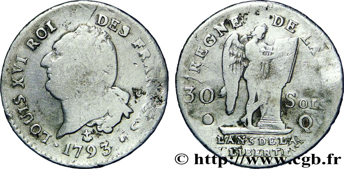 LA CONVENTION 30 sols dit au génie , type FRANÇOIS 1793 Perpignan B