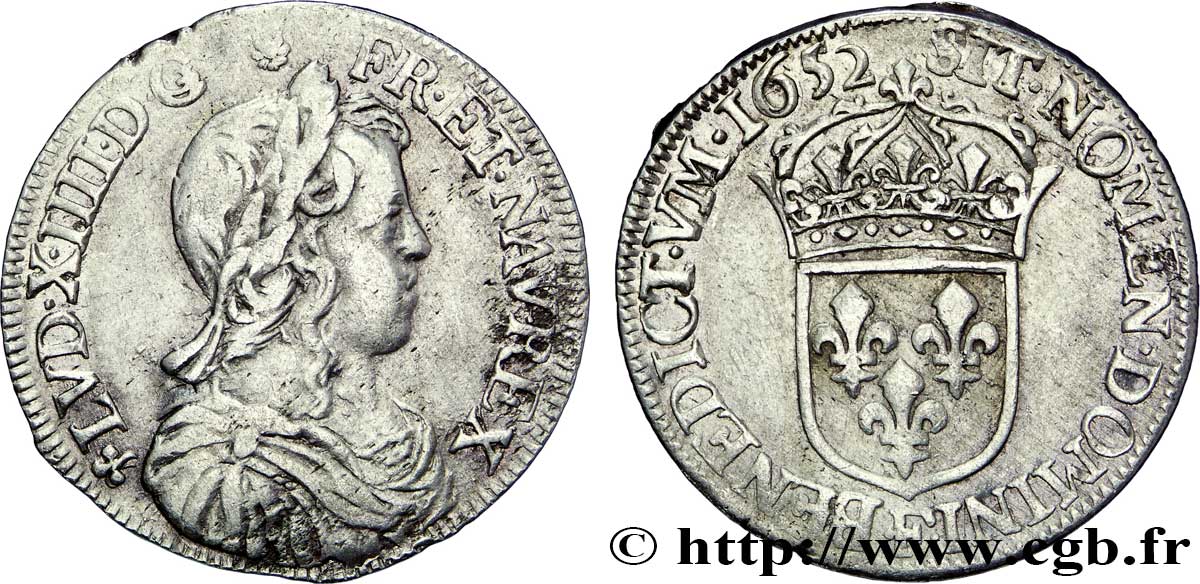 LOUIS XIV LE GRAND OU LE ROI SOLEIL Demi-écu, portrait à la mèche longue 1652 Angers TB+/TTB
