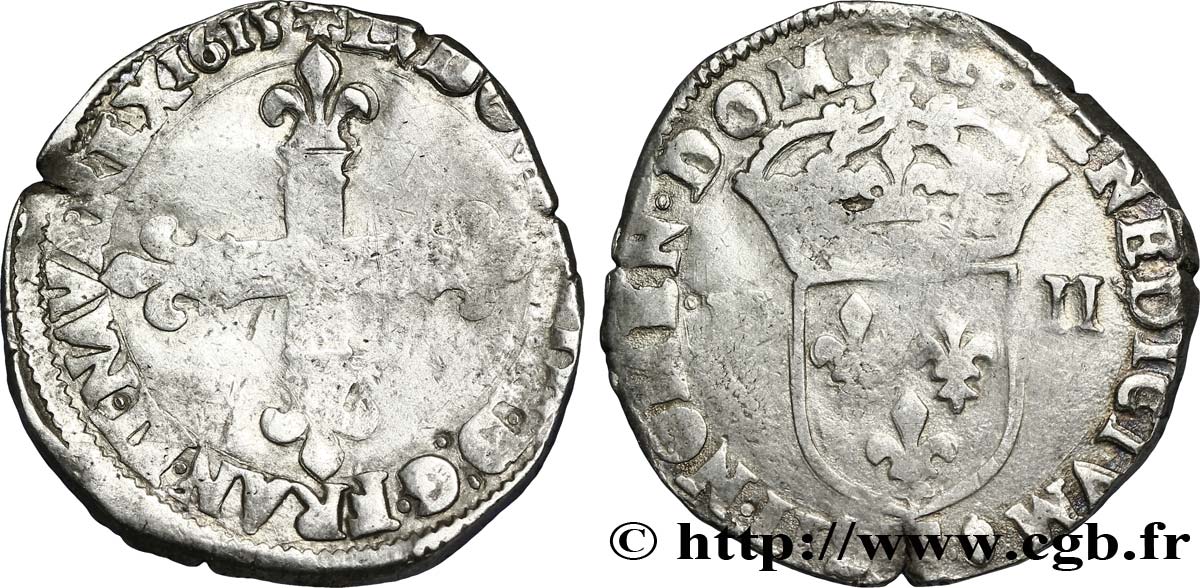 LOUIS XIII LE JUSTE Quart d écu, à la croix fleurdelisée, titulature côté croix 1615 Angers TB