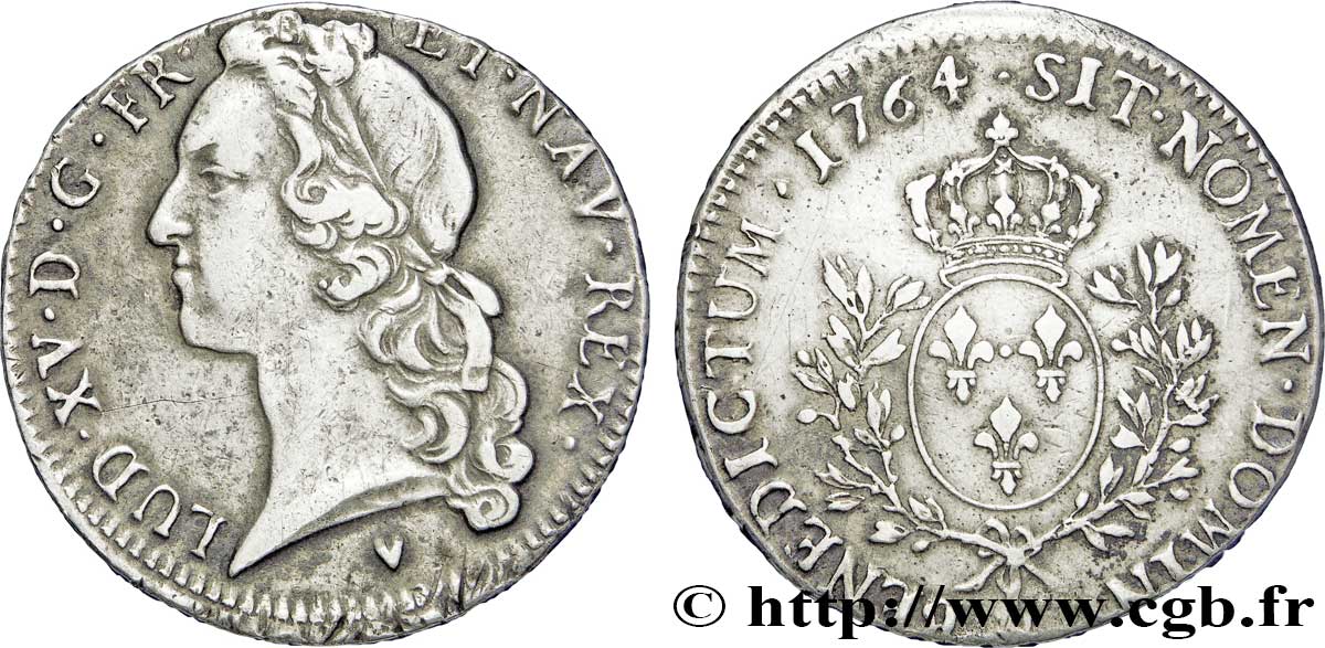 LOUIS XV DIT LE BIEN AIMÉ Écu aux branches d’olivier, tête ceinte d’un bandeau 1764 Aix-en-Provence TTB