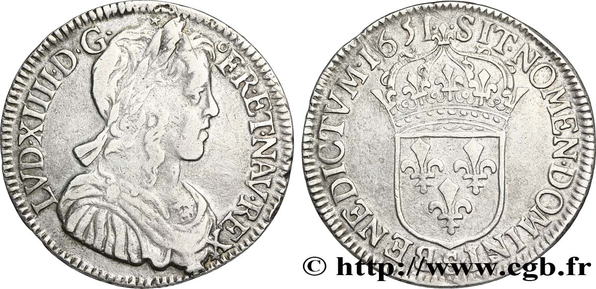 LOUIS XIV LE GRAND OU LE ROI SOLEIL Demi-écu, portrait à la mèche longue 1651 Troyes TTB