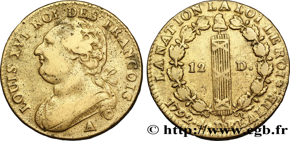 LOUIS XVI (MONARQUE CONSTITUTIONNEL) 12 deniers dit au faisceau , type FRANCOIS 1792 Paris TTB