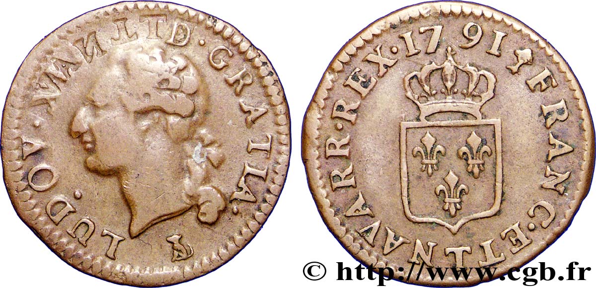 LOUIS XVI Liard dit à l écu 1791 Nantes XF