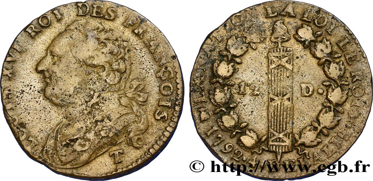 LOUIS XVI (MONARQUE CONSTITUTIONNEL) 12 deniers dit au faisceau , type FRANÇOIS 1792 Saumur TB/TB+
