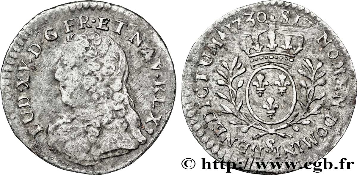 LOUIS XV DIT LE BIEN AIMÉ Vingtième d’écu aux branches d’olivier, buste habillé 1730 Reims TB+