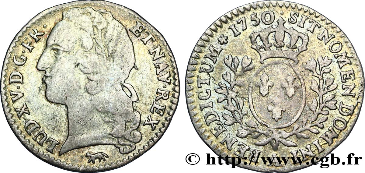 LOUIS XV DIT LE BIEN AIMÉ Dixième d écu aux branches d’olivier, tête ceinte d’un bandeau 1750 Paris TB/TTB