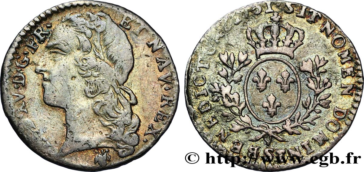 LOUIS XV DIT LE BIEN AIMÉ Dixième d écu aux branches d’olivier, tête ceinte d’un bandeau 1751 Reims TB+/TTB