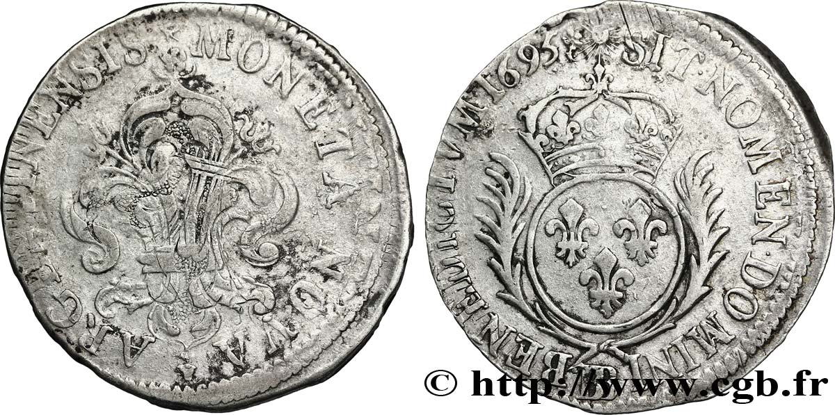 LOUIS XIV LE GRAND OU LE ROI SOLEIL 35 sols aux palmes 1695 Strasbourg TTB