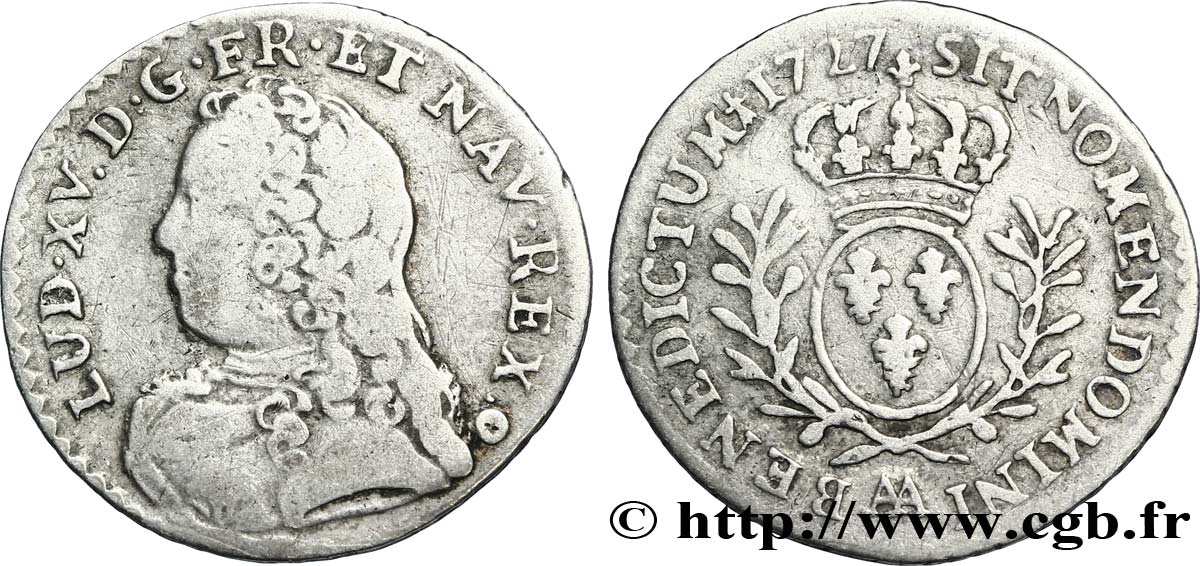 LOUIS XV DIT LE BIEN AIMÉ Vingtième d’écu aux branches d’olivier, buste habillé 1727 Metz TB/TB+