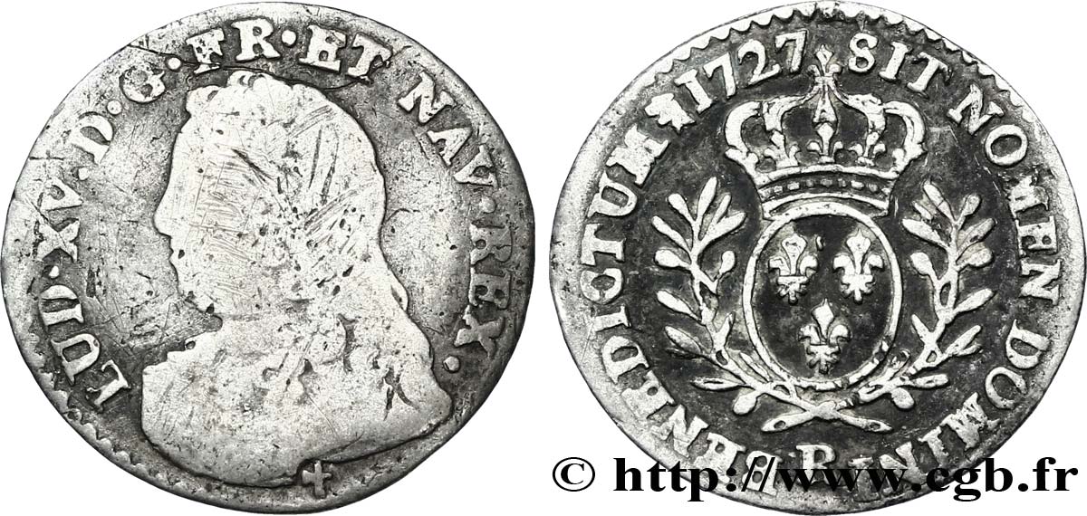 LOUIS XV DIT LE BIEN AIMÉ Vingtième d’écu aux branches d’olivier, buste habillé 1727 Orléans B